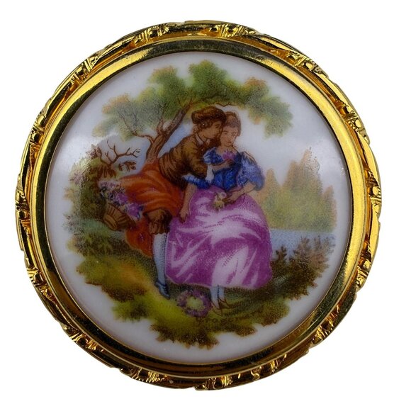Limoges France Gold Tone Porcelain Vintage Brooch Hand Painted Scene - Picture 1 of 4